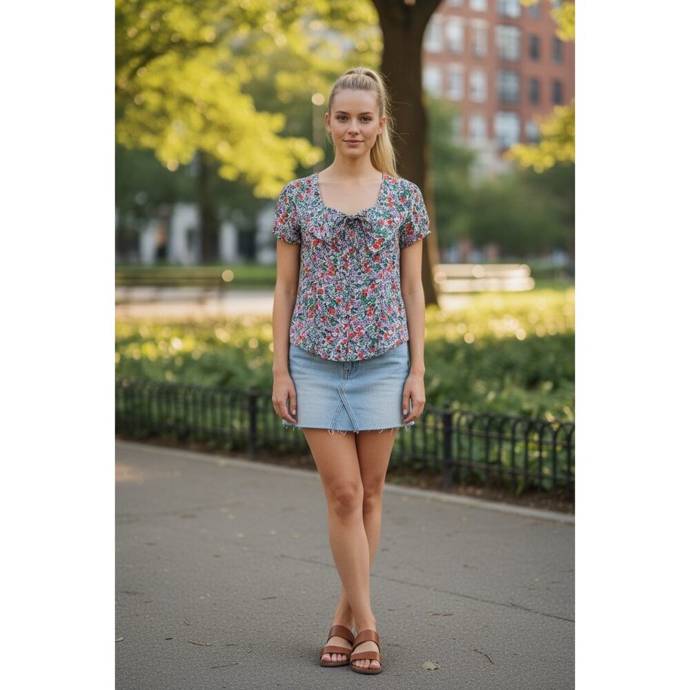 Maeve Anthropologie Floral Blouse Button Front Collared Top Short Sleeve 12 Fun